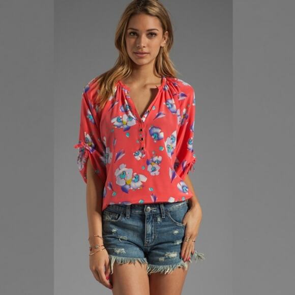 Anthropologie‎ Yumi Kim Pink Modern Barbie 100% Silk Floral Smocked Top M - Picture 3 of 8